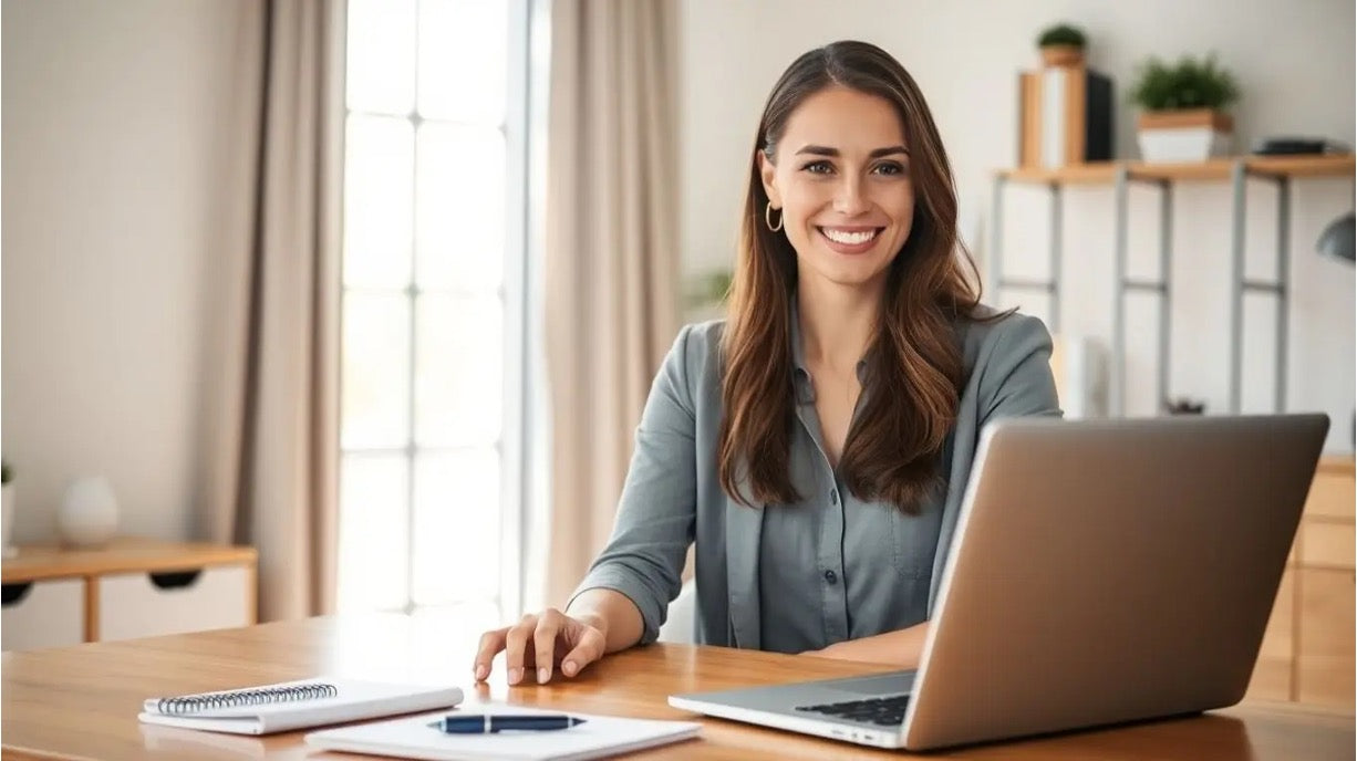 Smiling virtual assistant working on invoicing tasks from a laptop in a bright home office
